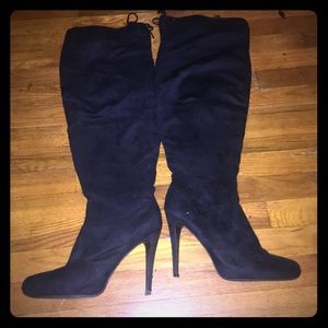 Navy suede heeled over the knee boots (wide calf)